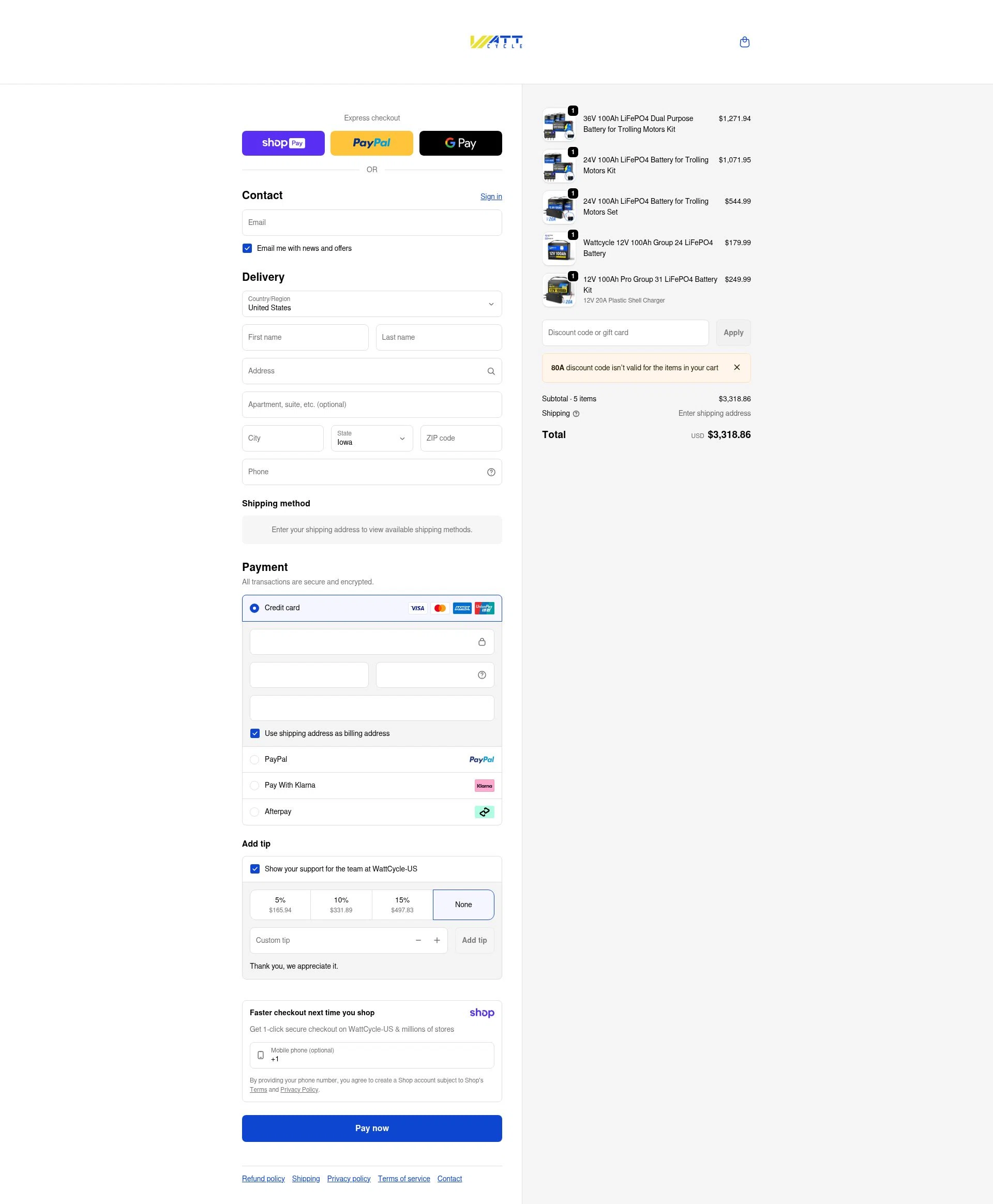 Watt Cycle checkout page showing Watt Cycle discount code box | Screenshot taken by SimplyCodes community member on Jan 10, 2026