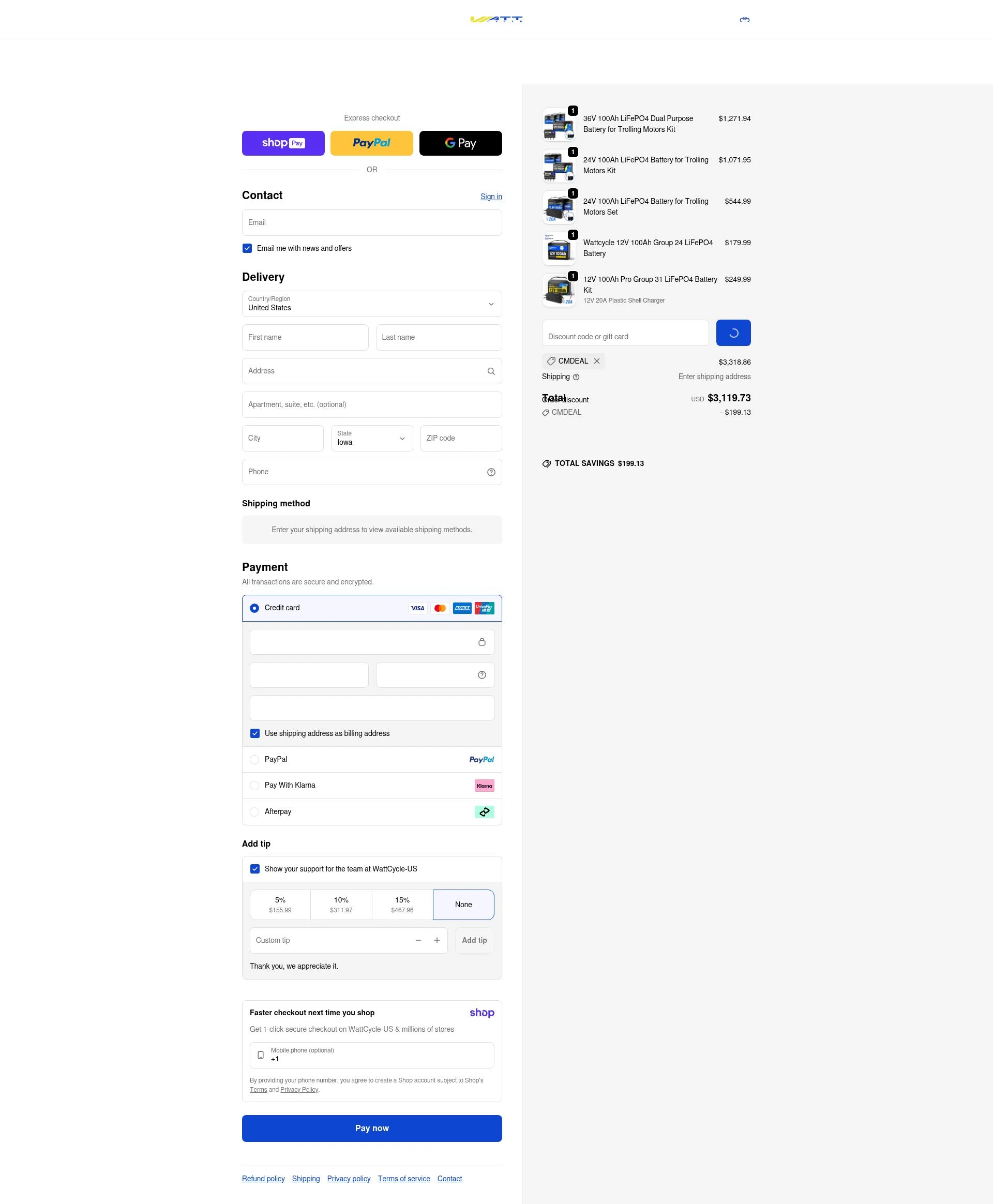 Watt Cycle checkout page showing Watt Cycle discount code box | Screenshot taken by SimplyCodes community member on Jan 10, 2026