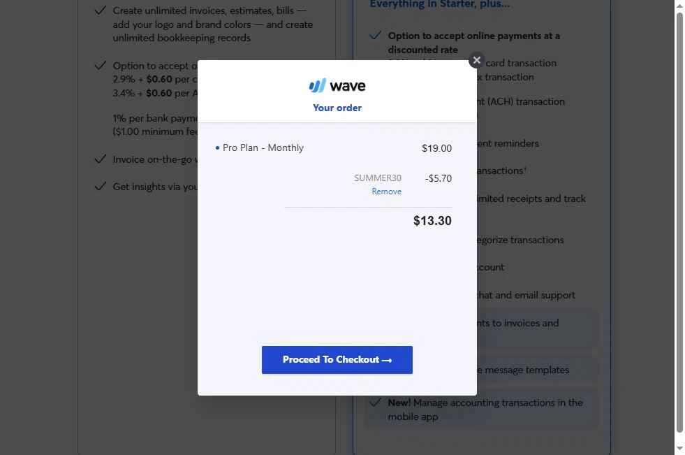 Wave Financial checkout page showing Wave Financial coupon code box | Screenshot taken by SimplyCodes community member on Sep 27, 2025