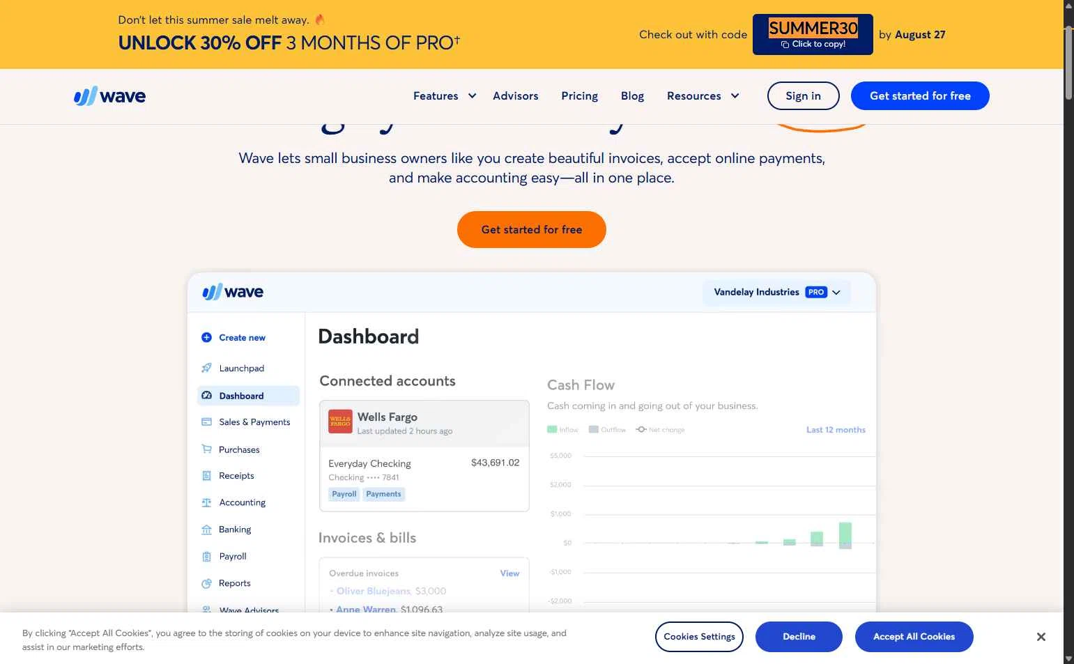 Wave Financial checkout page showing Wave Financial coupon code box | Screenshot taken by SimplyCodes community member on Aug 25, 2025