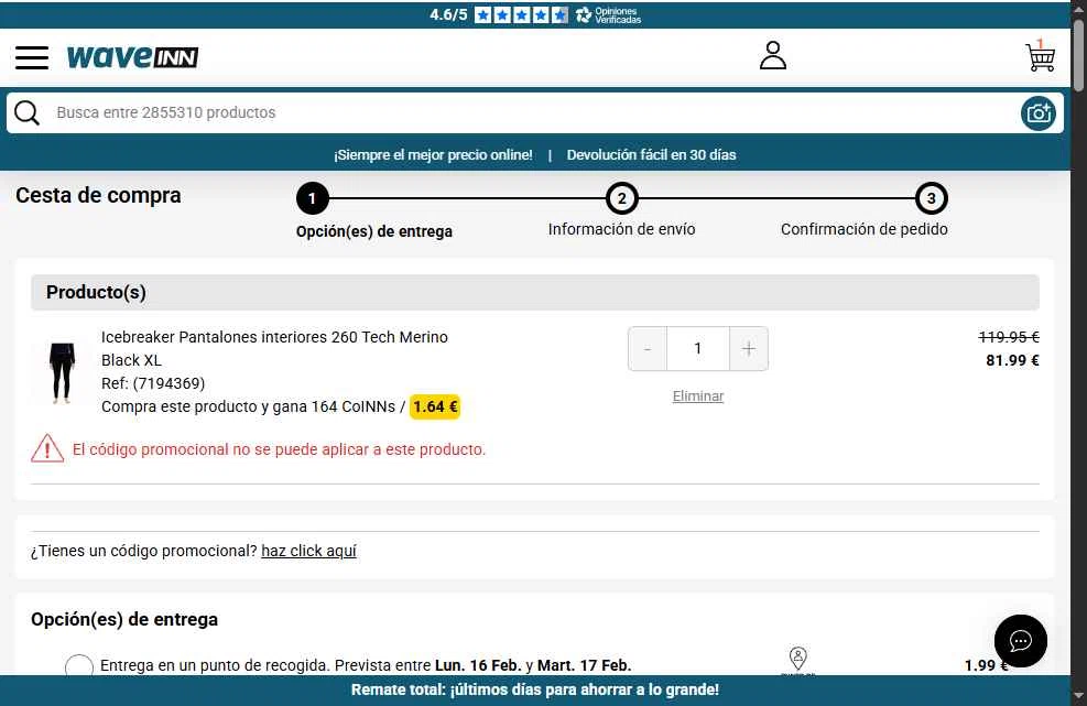 WaveINN checkout page showing WaveINN promo code box | Screenshot taken by SimplyCodes community member on Feb 15, 2026