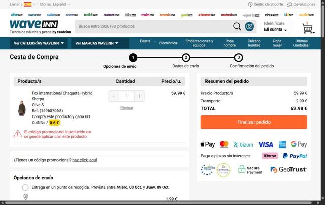 WaveINN checkout page showing WaveINN promo code box | Screenshot taken by SimplyCodes community member on Oct 1, 2025