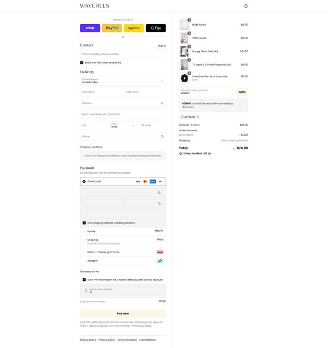 Waverles checkout page showing Waverles discount code box | Screenshot taken by SimplyCodes community member on Sep 10, 2025