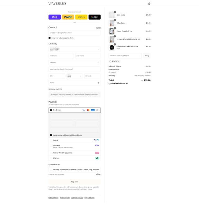 Waverles checkout page showing Waverles discount code box | Screenshot taken by SimplyCodes community member on Sep 10, 2025