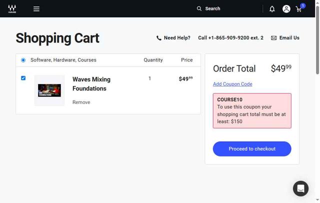 Waves Audio checkout page showing Waves Audio coupon code box | Screenshot taken by SimplyCodes community member on Sep 2, 2025