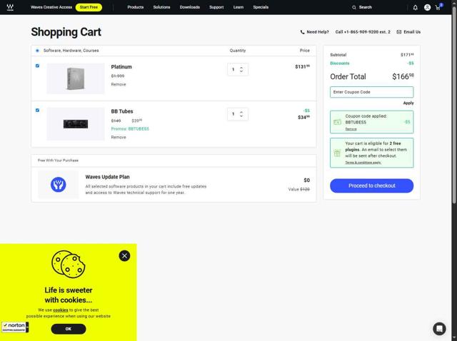 Waves Audio checkout page showing Waves Audio coupon code box | Screenshot taken by SimplyCodes community member on Aug 23, 2025