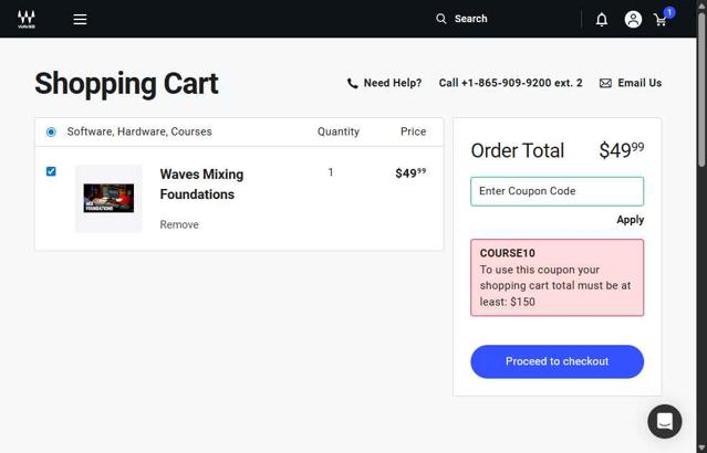 Waves Audio checkout page showing Waves Audio coupon code box | Screenshot taken by SimplyCodes community member on Aug 7, 2025