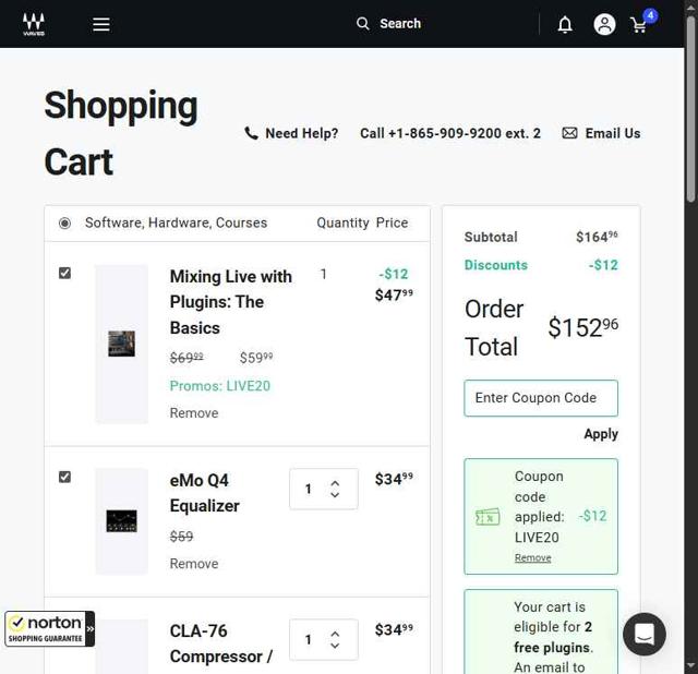 Waves Audio checkout page showing Waves Audio coupon code box | Screenshot taken by SimplyCodes community member on Aug 29, 2025
