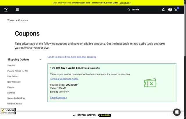 Waves Audio checkout page showing Waves Audio coupon code box | Screenshot taken by SimplyCodes community member on Aug 16, 2025