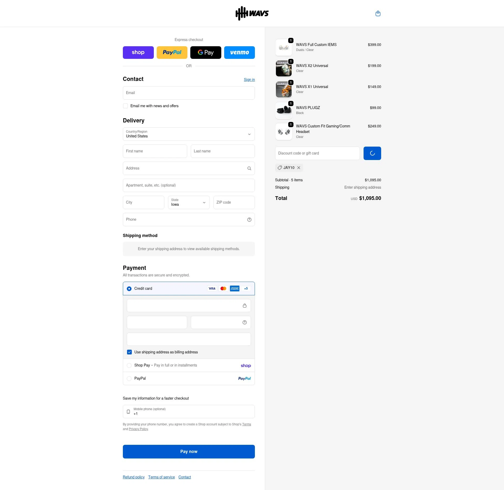 WAVS Custom checkout page showing WAVS Custom promo code box | Screenshot taken by SimplyCodes community member on Feb 10, 2026