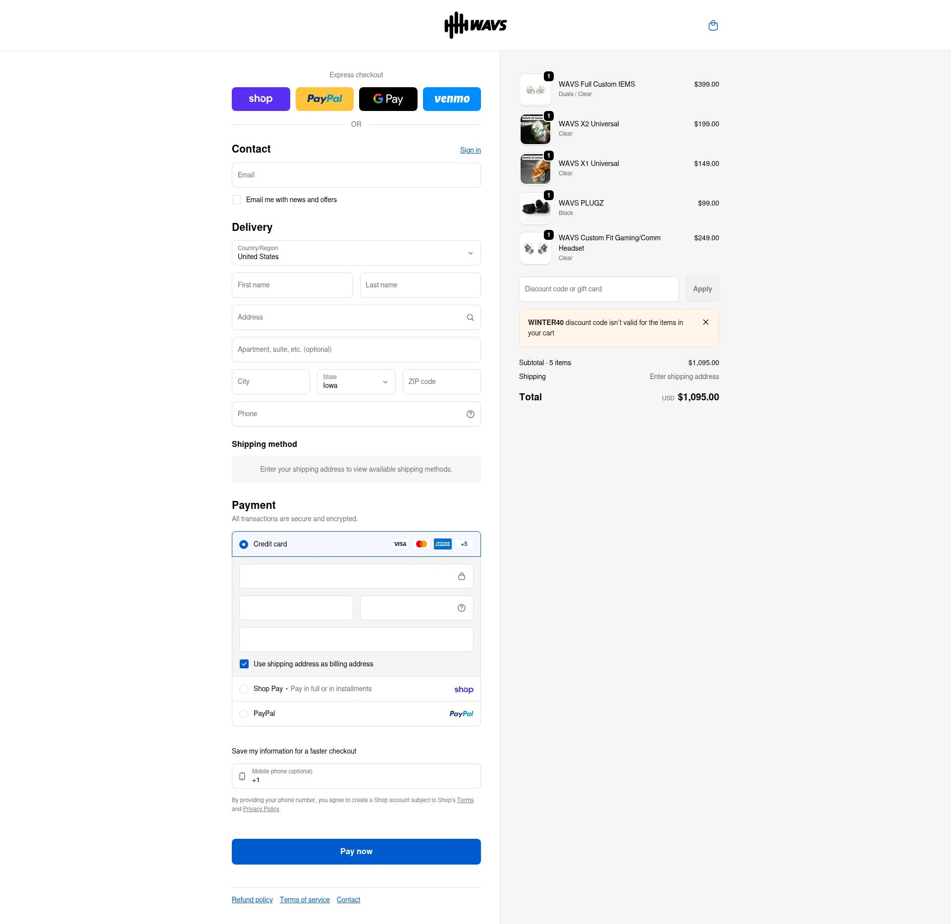 WAVS Custom checkout page showing WAVS Custom promo code box | Screenshot taken by SimplyCodes community member on Feb 6, 2026