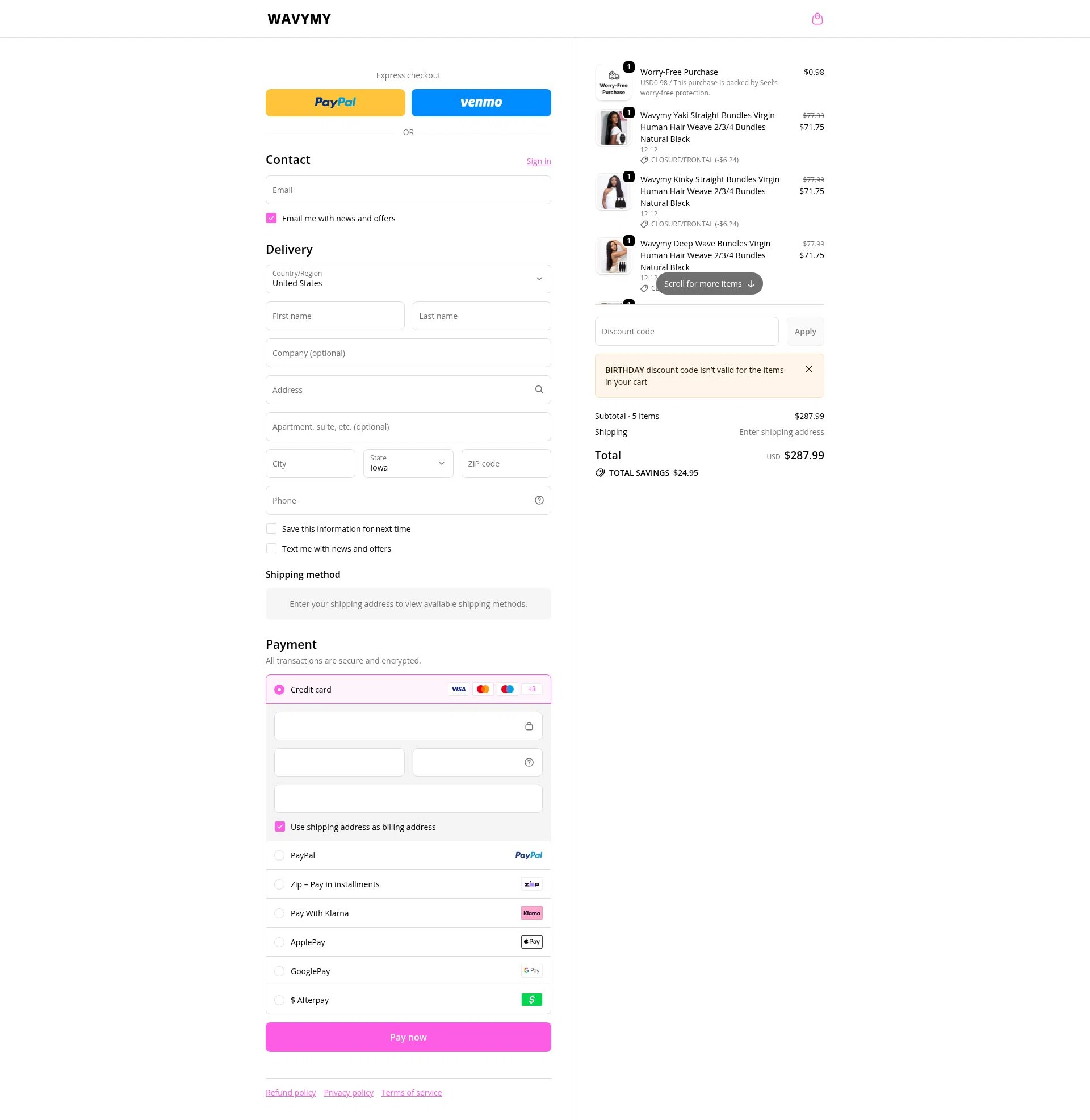 Wavymy Hair checkout page showing Wavymy Hair promo code box | Screenshot taken by SimplyCodes community member on Jan 5, 2026