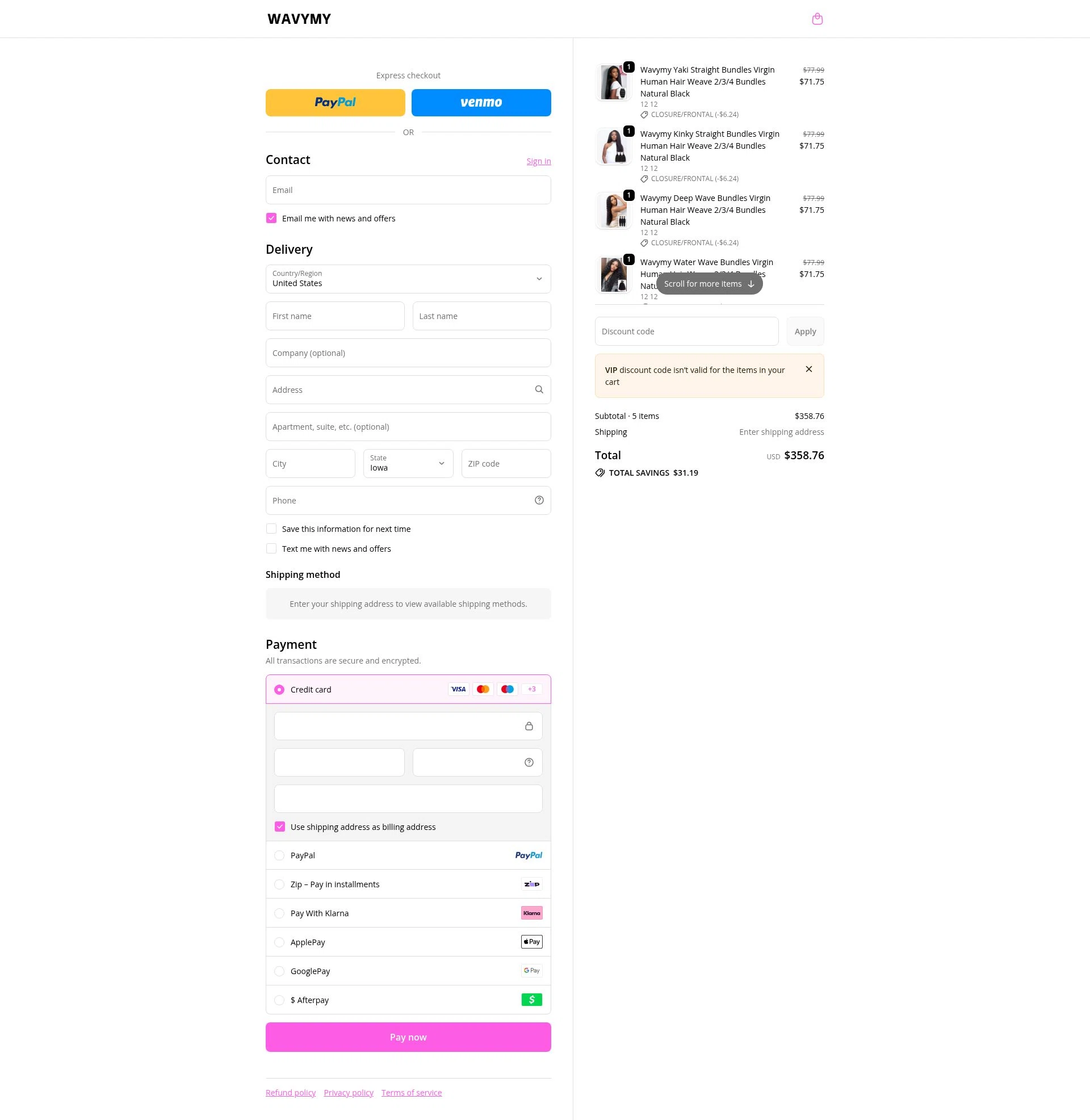 Wavymy Hair checkout page showing Wavymy Hair promo code box | Screenshot taken by SimplyCodes community member on Jan 10, 2026