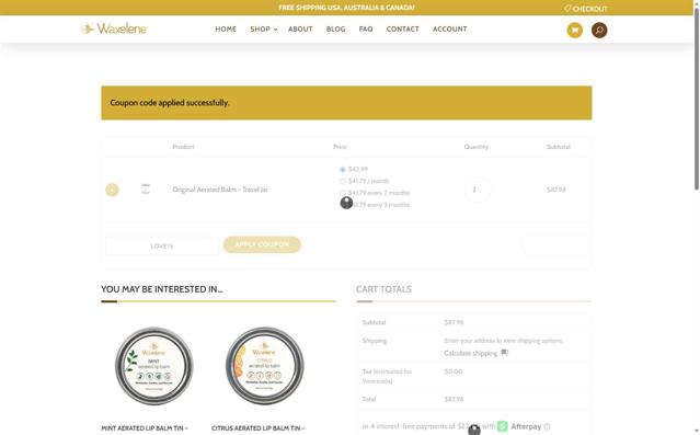 Waxelene checkout page showing Waxelene coupon code box | Screenshot taken by SimplyCodes community member on Jun 28, 2025