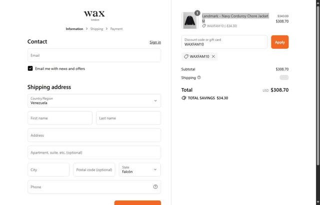 Wax London checkout page showing Wax London discount code box | Screenshot taken by SimplyCodes community member on Sep 12, 2025