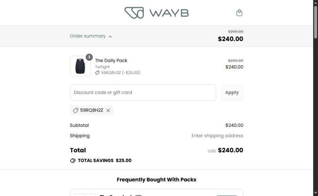 WAYB checkout page showing WAYB discount code box | Screenshot taken by SimplyCodes community member on Jul 26, 2025