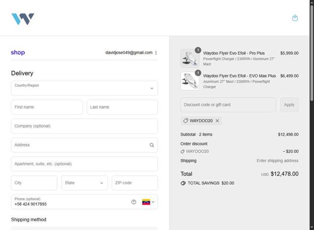 Waydoo.com checkout page showing Waydoo.com discount code box | Screenshot taken by SimplyCodes community member on Sep 17, 2025
