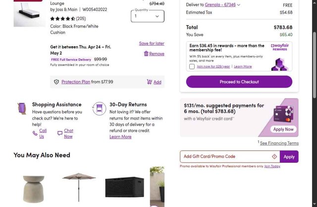 Wayfair checkout page showing Wayfair promo code box | Screenshot taken by SimplyCodes community member on Apr 18, 2025