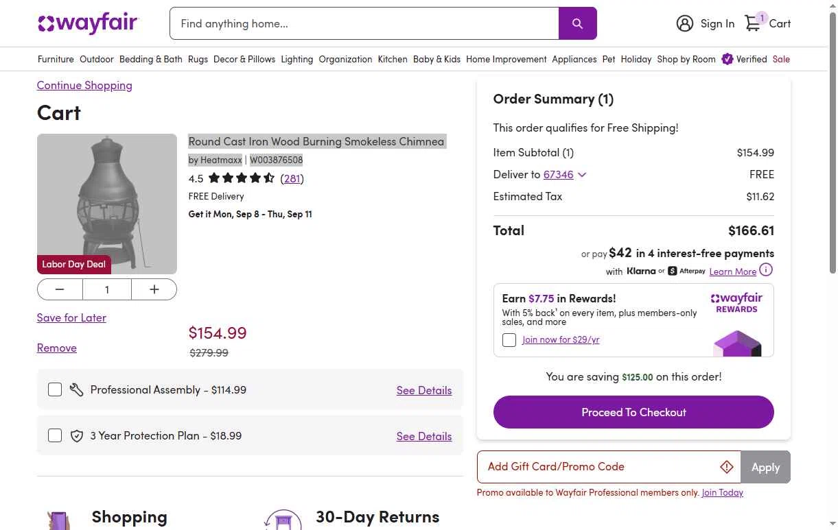 Verification screenshot for $50 Off Select Items (minimum Order $500) (members Only) at Wayfair Professional — 9mo ago