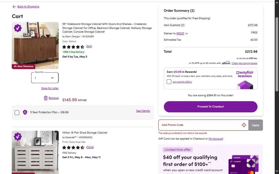 Verification screenshot for 10% Off Memorial Day Sale Items at Wayfair Professional — 37d ago