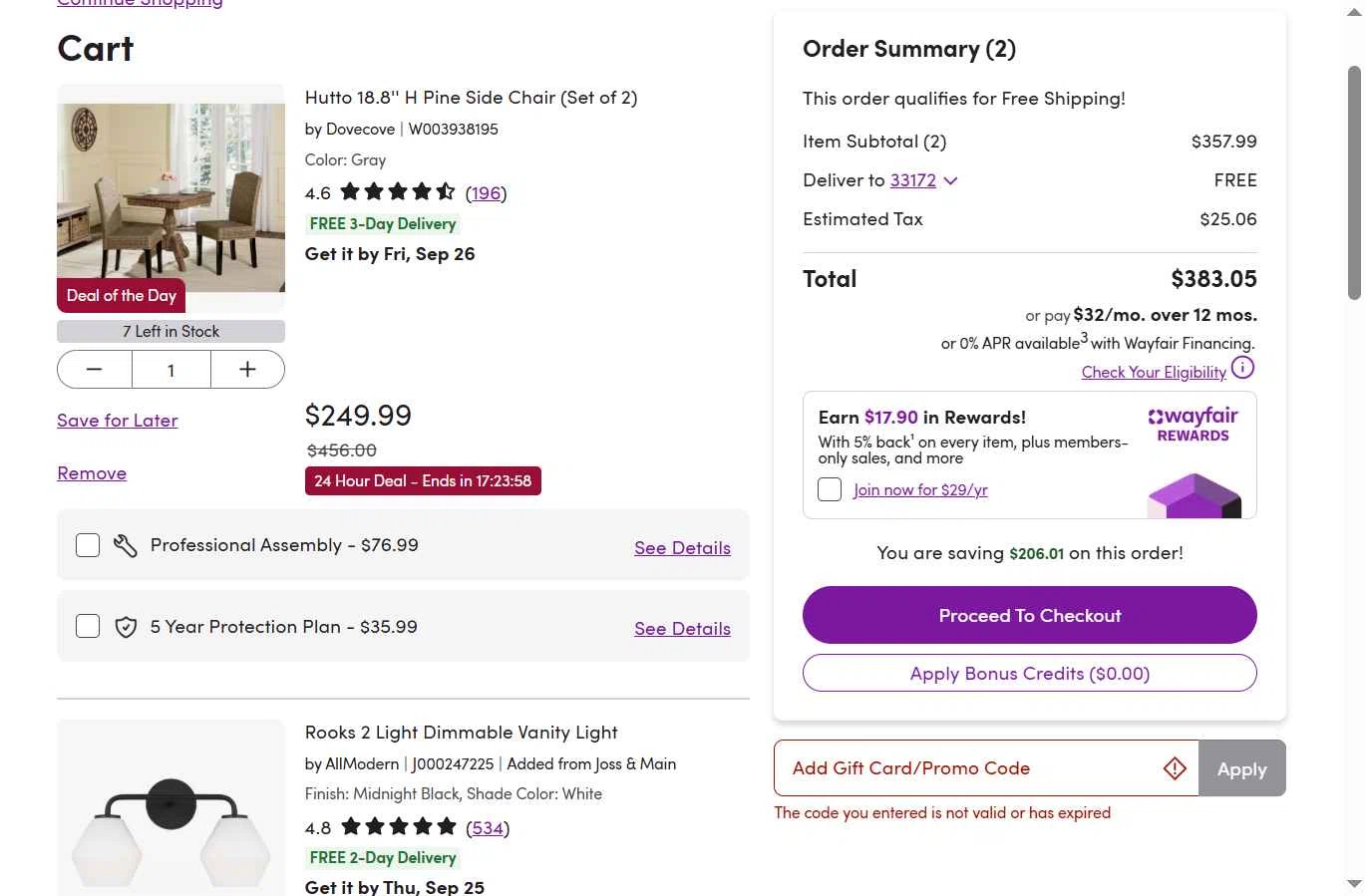 Verification screenshot for 10% Off Select Items (members Only) at Wayfair Professional — 8mo ago