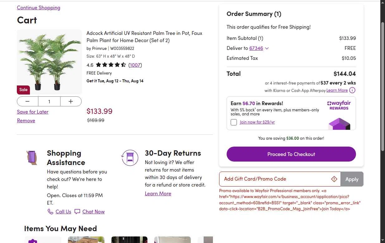 Wayfair Professional checkout page showing Wayfair Professional promo code box | Screenshot taken by SimplyCodes community member on Aug 9, 2025