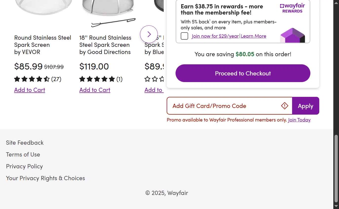Wayfair Professional checkout page showing Wayfair Professional promo code box | Screenshot taken by SimplyCodes community member on Aug 29, 2025