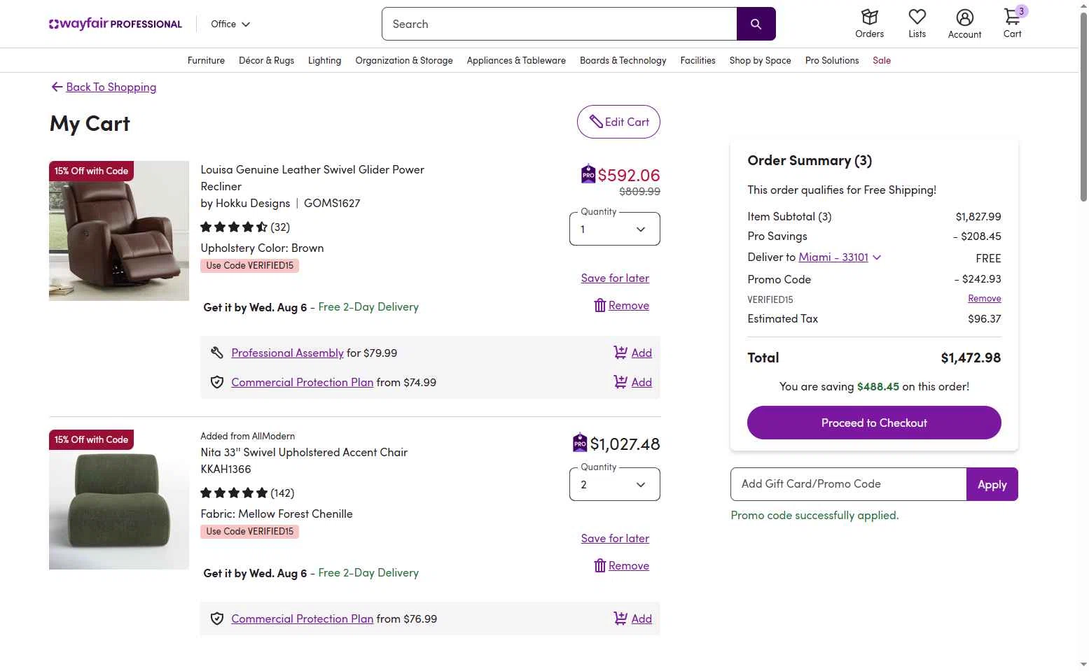 Verification screenshot for 15% Off Louisa Genuine Leather Swivel Glider Power Recliner at Wayfair Professional — 10mo ago