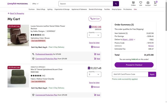 Wayfair Professional checkout page showing Wayfair Professional promo code box | Screenshot taken by SimplyCodes community member on Aug 4, 2025
