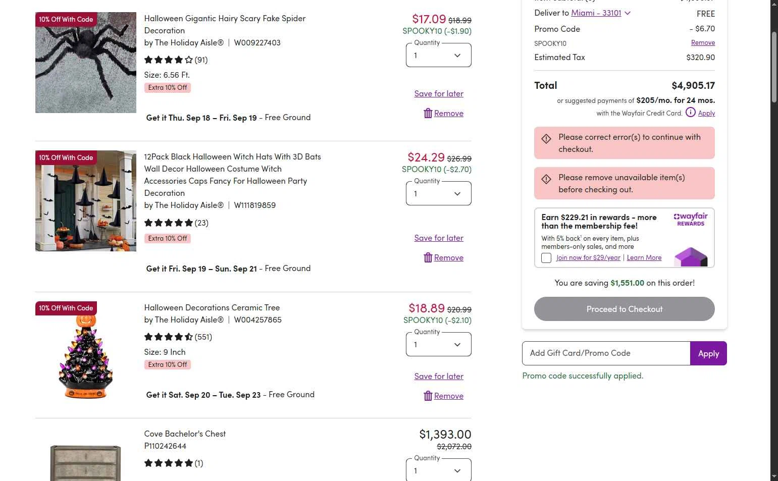 Wayfair Professional checkout page showing Wayfair Professional promo code box | Screenshot taken by SimplyCodes community member on Sep 15, 2025