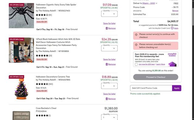 Wayfair Professional checkout page showing Wayfair Professional promo code box | Screenshot taken by SimplyCodes community member on Sep 15, 2025