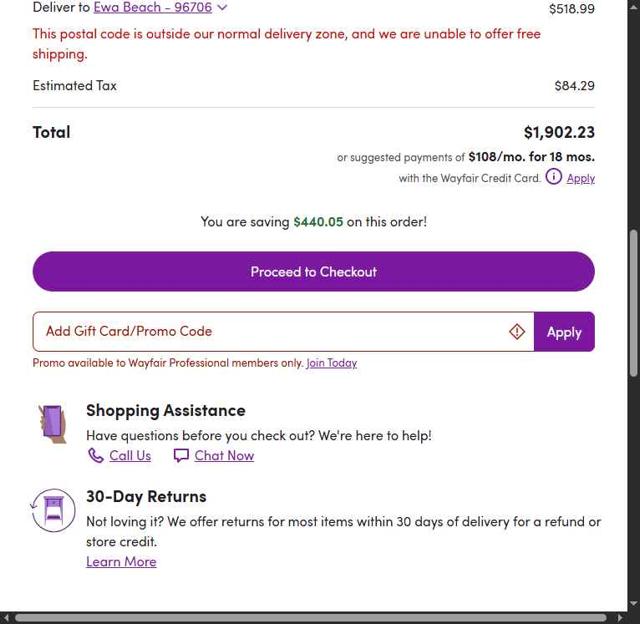 Wayfair Professional checkout page showing Wayfair Professional promo code box | Screenshot taken by SimplyCodes community member on Aug 5, 2025