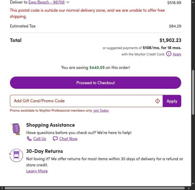 Wayfair Professional checkout page showing Wayfair Professional promo code box | Screenshot taken by SimplyCodes community member on Aug 5, 2025