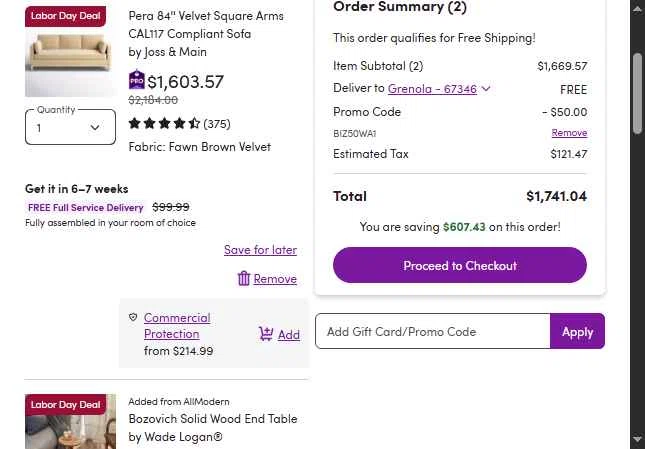 Wayfair Professional checkout page showing Wayfair Professional promo code box | Screenshot taken by SimplyCodes community member on Sep 2, 2025