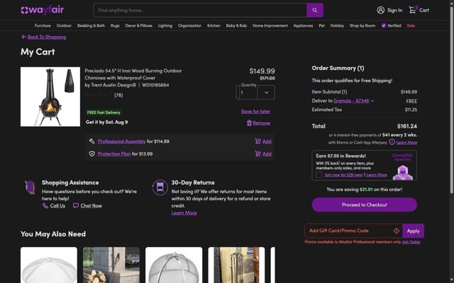 Wayfair Professional checkout page showing Wayfair Professional promo code box | Screenshot taken by SimplyCodes community member on Aug 5, 2025
