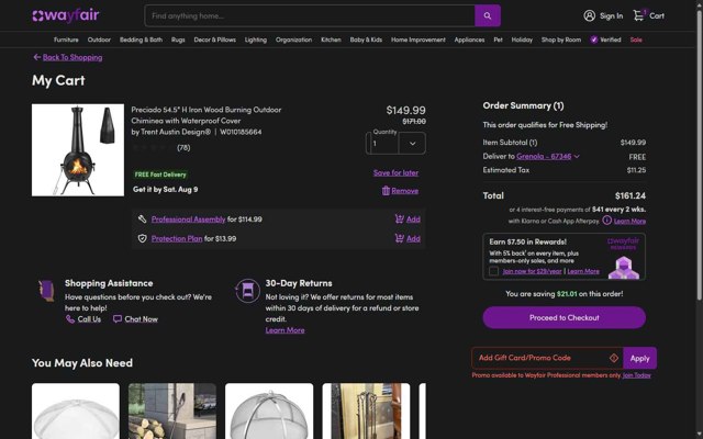 Wayfair Professional checkout page showing Wayfair Professional promo code box | Screenshot taken by SimplyCodes community member on Aug 5, 2025