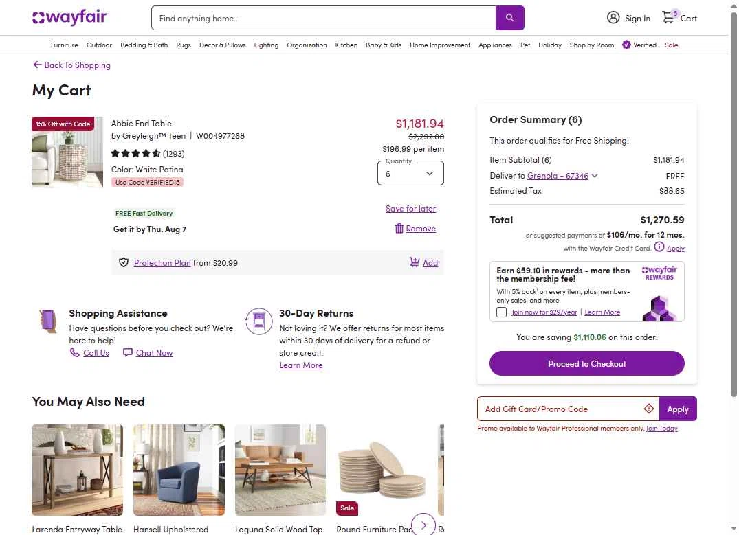 Wayfair Professional checkout page showing Wayfair Professional promo code box | Screenshot taken by SimplyCodes community member on Aug 5, 2025