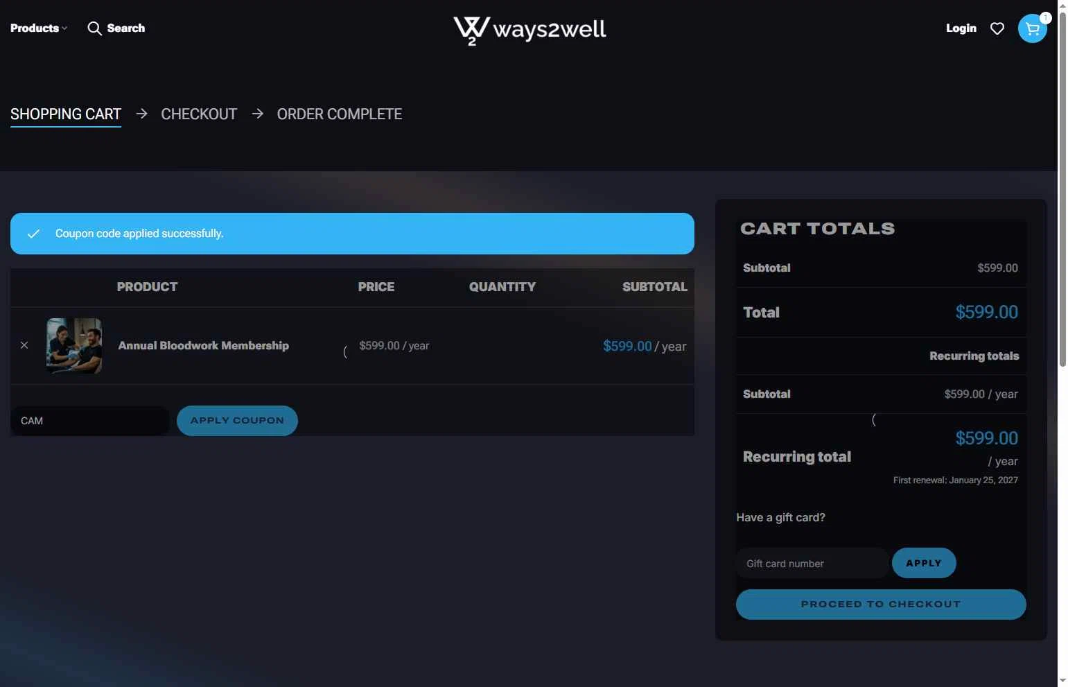 Ways2Well checkout page showing Ways2Well discount code box | Screenshot taken by SimplyCodes community member on Jan 25, 2026