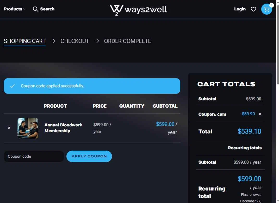 Ways2Well checkout page showing Ways2Well discount code box | Screenshot taken by SimplyCodes community member on Dec 27, 2025