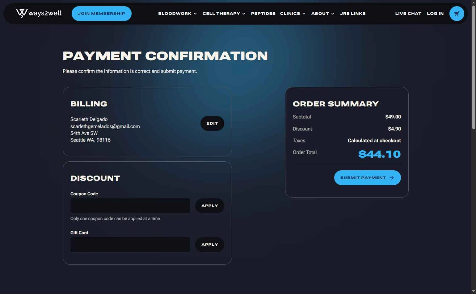 Ways2Well checkout page showing Ways2Well discount code box | Screenshot taken by SimplyCodes community member on Nov 28, 2025
