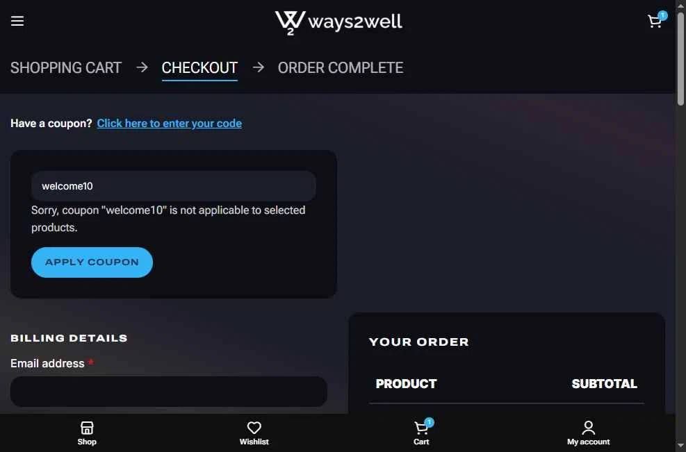 Ways2Well checkout page showing Ways2Well discount code box | Screenshot taken by SimplyCodes community member on Nov 28, 2025