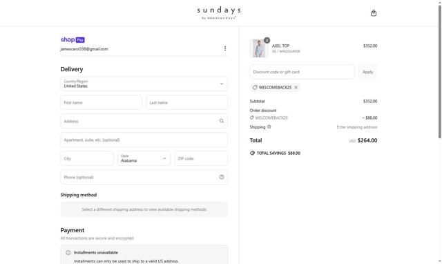 We Are Sundays checkout page showing We Are Sundays promo code box | Screenshot taken by SimplyCodes community member on May 8, 2025