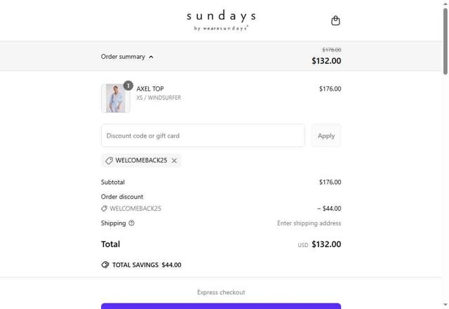 We Are Sundays checkout page showing We Are Sundays promo code box | Screenshot taken by SimplyCodes community member on May 8, 2025