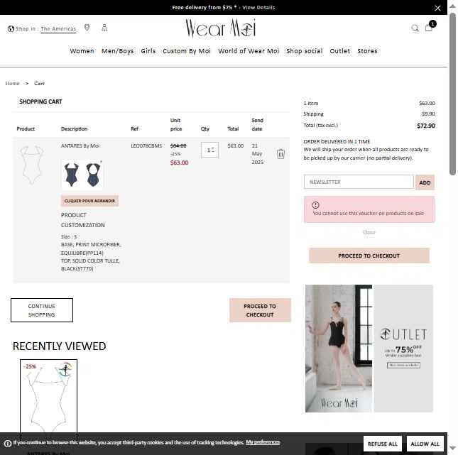 Wear Moi checkout page showing Wear Moi promo code box | Screenshot taken by SimplyCodes community member on Apr 27, 2025