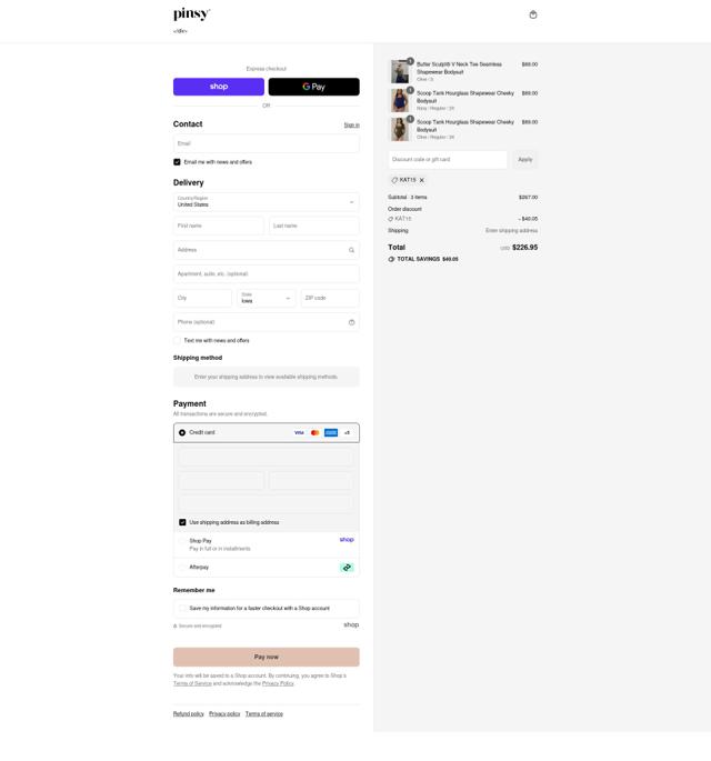 Pinsy checkout page showing Pinsy promo code box | Screenshot taken by SimplyCodes community member on Sep 11, 2025