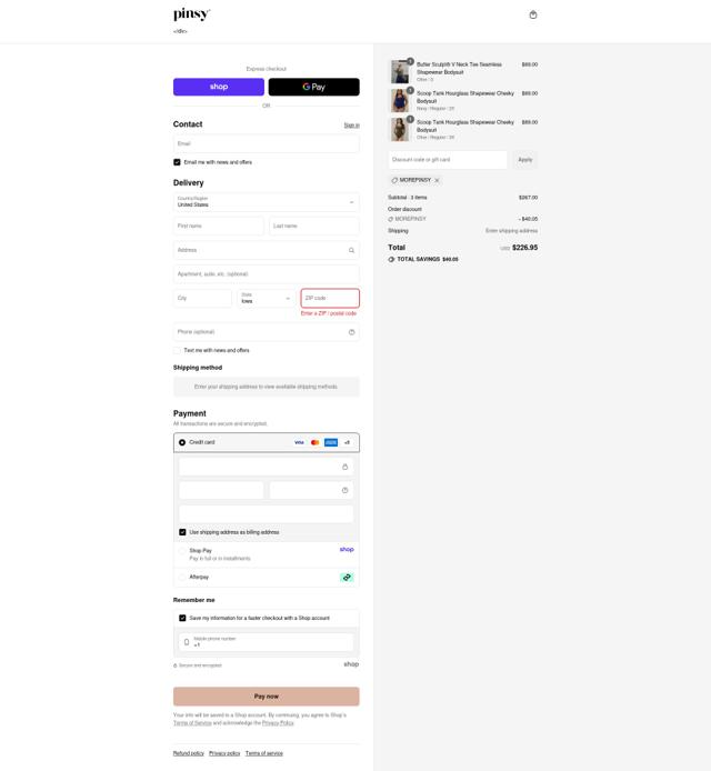 Pinsy checkout page showing Pinsy promo code box | Screenshot taken by SimplyCodes community member on Sep 11, 2025