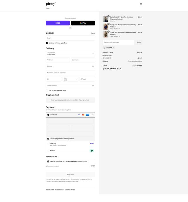 Pinsy checkout page showing Pinsy promo code box | Screenshot taken by SimplyCodes community member on Sep 11, 2025