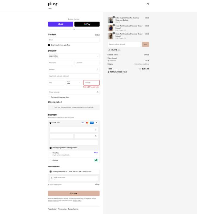 Pinsy checkout page showing Pinsy promo code box | Screenshot taken by SimplyCodes community member on Sep 11, 2025