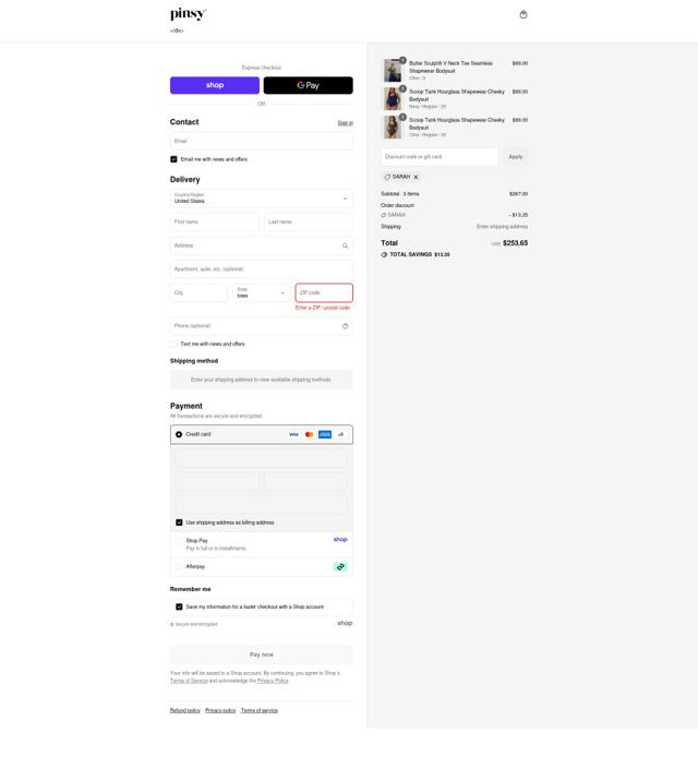 Pinsy checkout page showing Pinsy promo code box | Screenshot taken by SimplyCodes community member on Sep 11, 2025