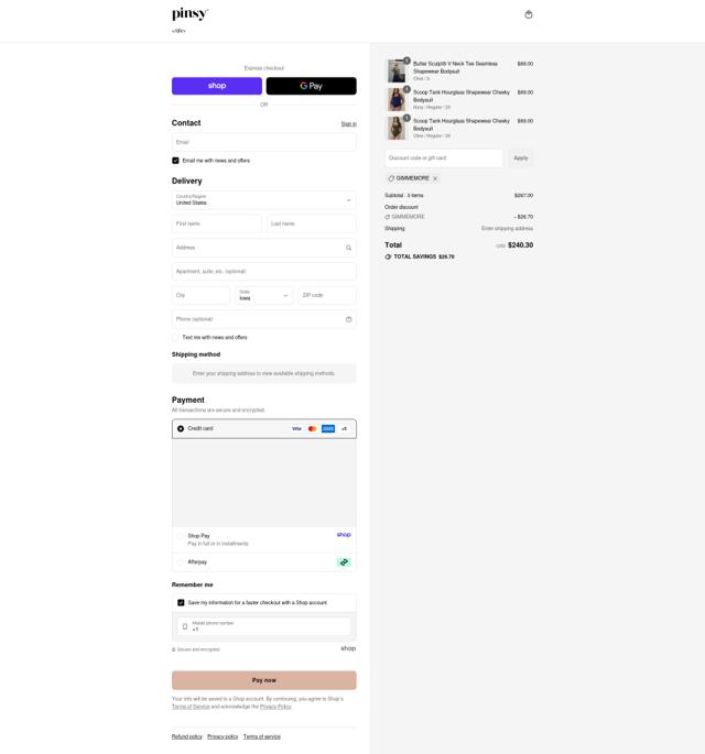 Pinsy checkout page showing Pinsy promo code box | Screenshot taken by SimplyCodes community member on Sep 11, 2025